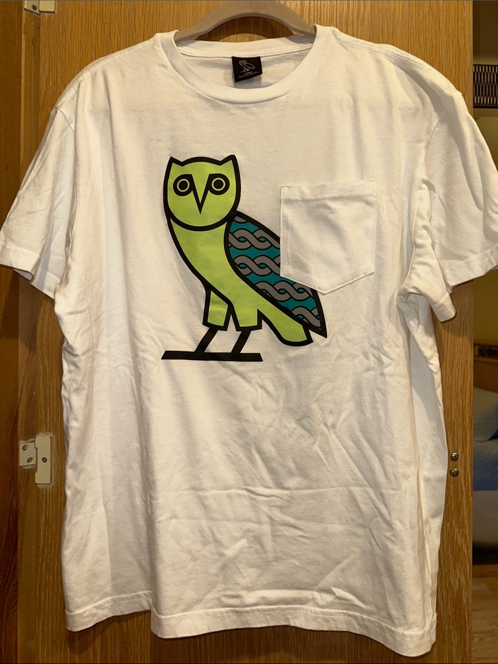 OVO White T-Shirt with Lime Green & Teal Owl Graphic